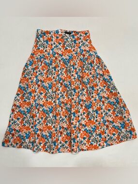 Ann Taylor Factory A Line Skirt Pleated Orange/Blue Floral Sz 2 Summer Chic